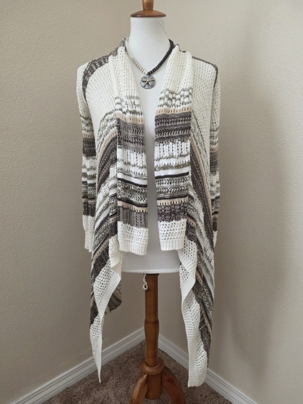 Almost Famous Open-Front Striped Knit Cardigan in White, Tan & Brown